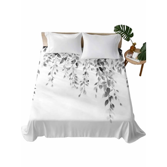 King Size Flat Sheet Only, Grey Eucalyptus Soft Brushed Microfiber Bed Sheets, Weeping Botanical Leaf Watercolor Hotel Quality Breathable Bedding Top Sheet, Easy Care, 105"x98"