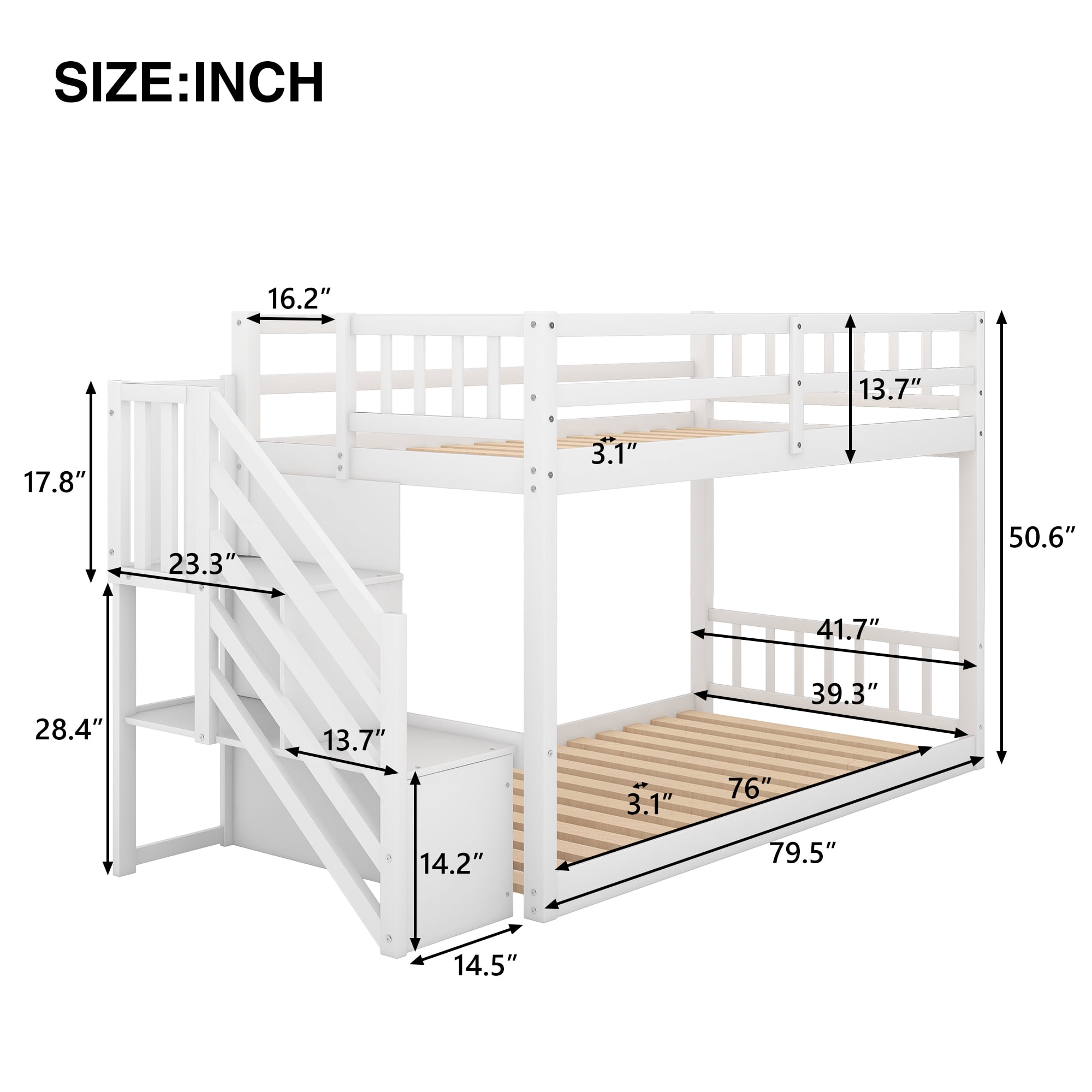 Aukfa Twin over Twin Bunk Bed - Floor Bunk Bed with Storage Staircase for Kids Bedroom - White