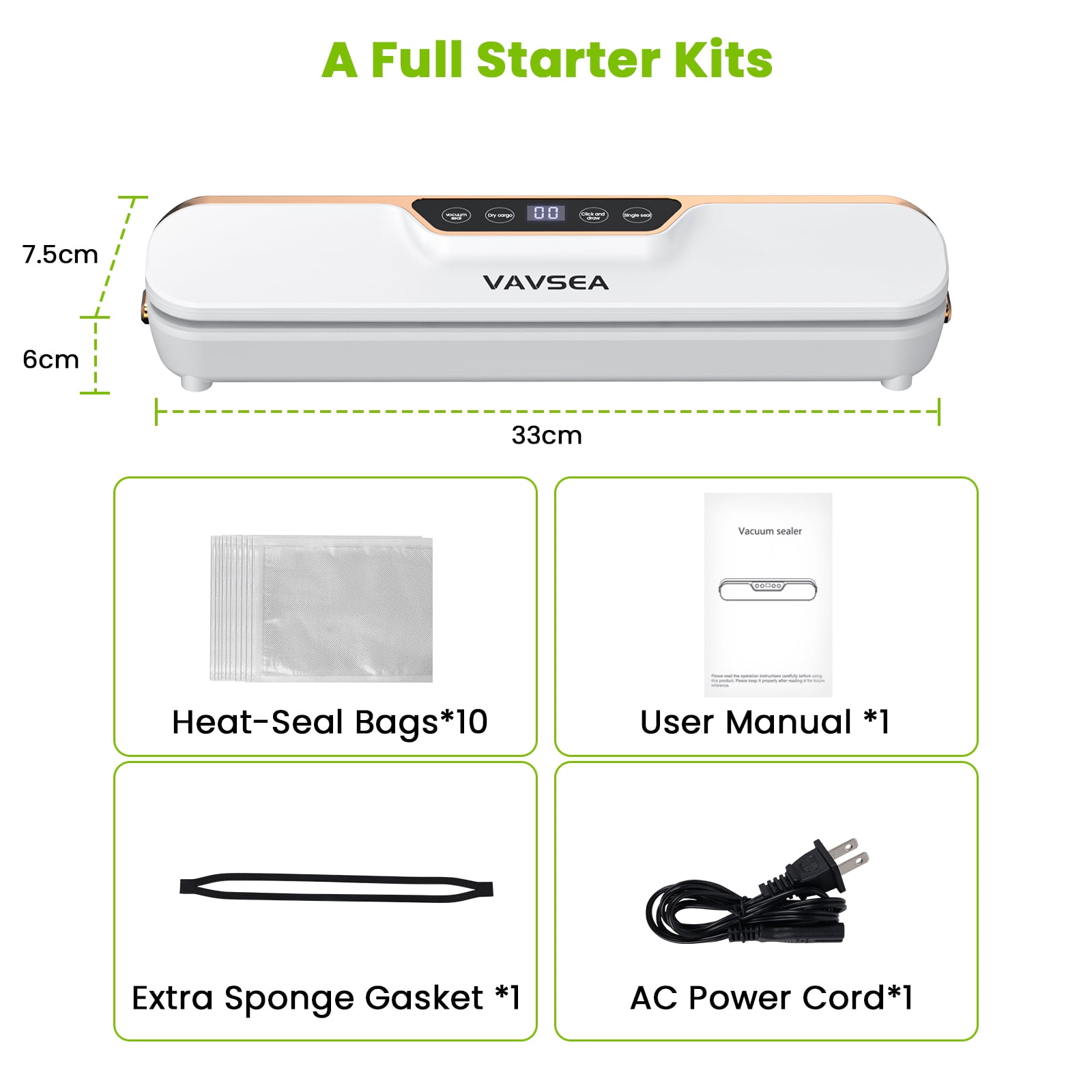 VAVSEA Vacuum Sealer, 62Kpa Food Sealer Machines with 4 Modes, Dry/Draw/Seal/Vac and 10Pcs Bags Starter Kit for Dry & Moist Food Storage Sous Vide for Kitchen