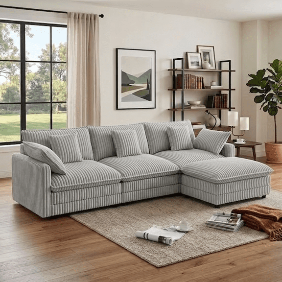 Howcool 100" L-Shaped Modular Sectional Sofa, 3 Seat Corduroy Cloud Couch with Movable Ottoman, Deep Seat Thick Cushions for Living Room, Apartment, Grey