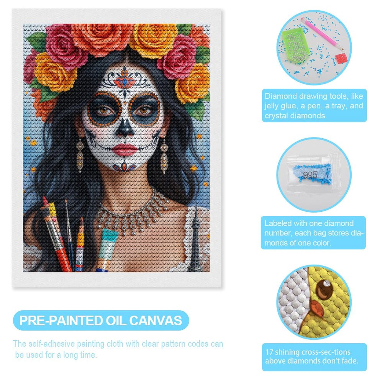 Diamond Art Kits for Adults, Colorful Painted Face Art Flowers 5D Diamond Painting Kits for Adults Beginners, DIY Full Drill Diamond Painting, Gem Art and Crafts 12x16