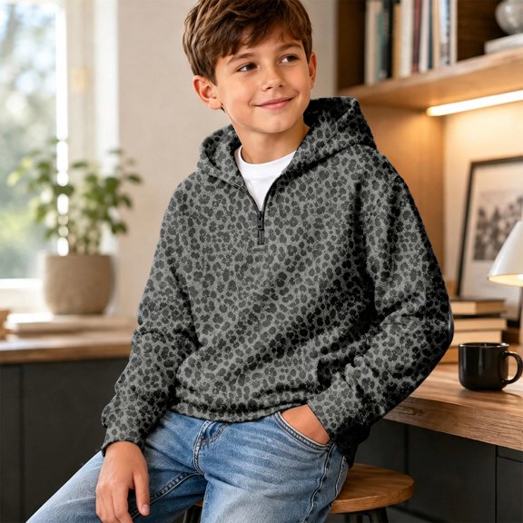 Leopard Print Boys Hoodies Quarter Zip Up Hooded Sweatshirt Lightness Comfortable Long Sleeve Hoodies Kids Fall Winter Clothes