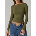 thumbnail image 2 of Womens Crewneck Long Sleeve Shirt Double Lined Basic Tees Side Ruched Going Out Crop Tops  Green XL, 2 of 4