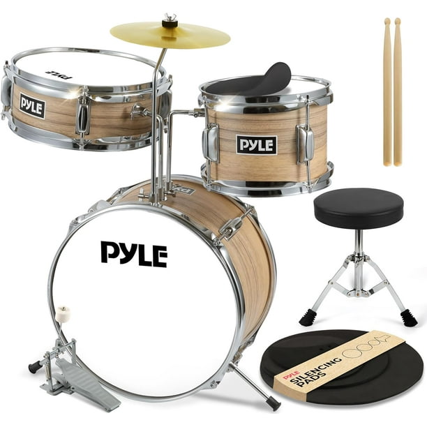 Set de Batería para Niños Premium Pyle, Kit para Principiantes Junior de 3 Piezas con Bombo de 13", Incluye Redoblante, Tom, Platillo, Trono Ajustable, Silenciadores y Baquetas, Natural