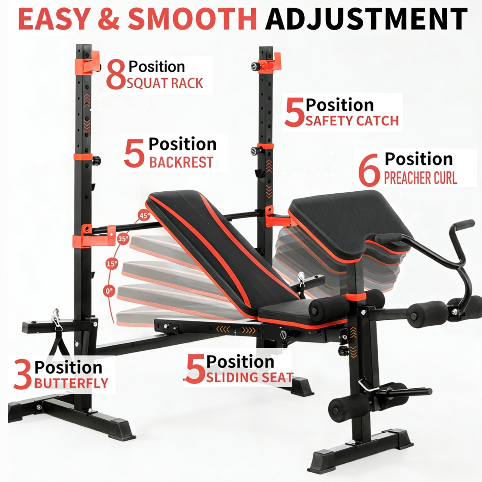 1500LBS Capacity 6 in 1 Olympic Weight Bench Set with Squat Rack & Leg Extension, Adjustable Foldable Workout Bench for Home Gym Full Body Strength Training