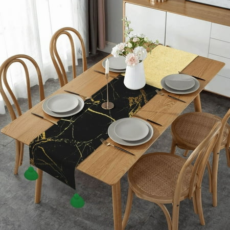 

Gold And Black Marble Table Runner Imitation Linen Table Runner With Green Tassels For Party And Dining Room 14 x 60