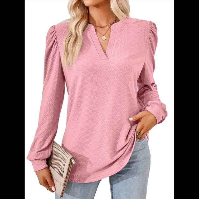 Blusas para Mujer, Elegantes, Informales, con Cuello en V, Larga, Blusas para Mujer con Mangas Abullonadas Rosa XL