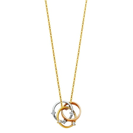Trinity Infinity Ioka - 14K Tri Color Gold Trinity Interlocking 3 Circle Infinity Love Knot Rings with Cubic Zirconia CZ Pendant Chain Necklace - 17+1
