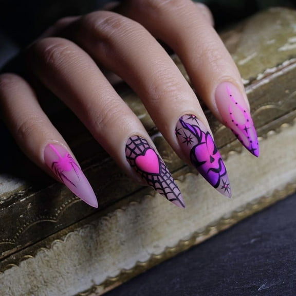 Yoyauz 24PCS French Pointed Nail, Fake Nail, Needle Nail, And Halloween Element Purple Pumpkin Flame Design Charm Acrylic Nails Suitable For Girls And Ladies