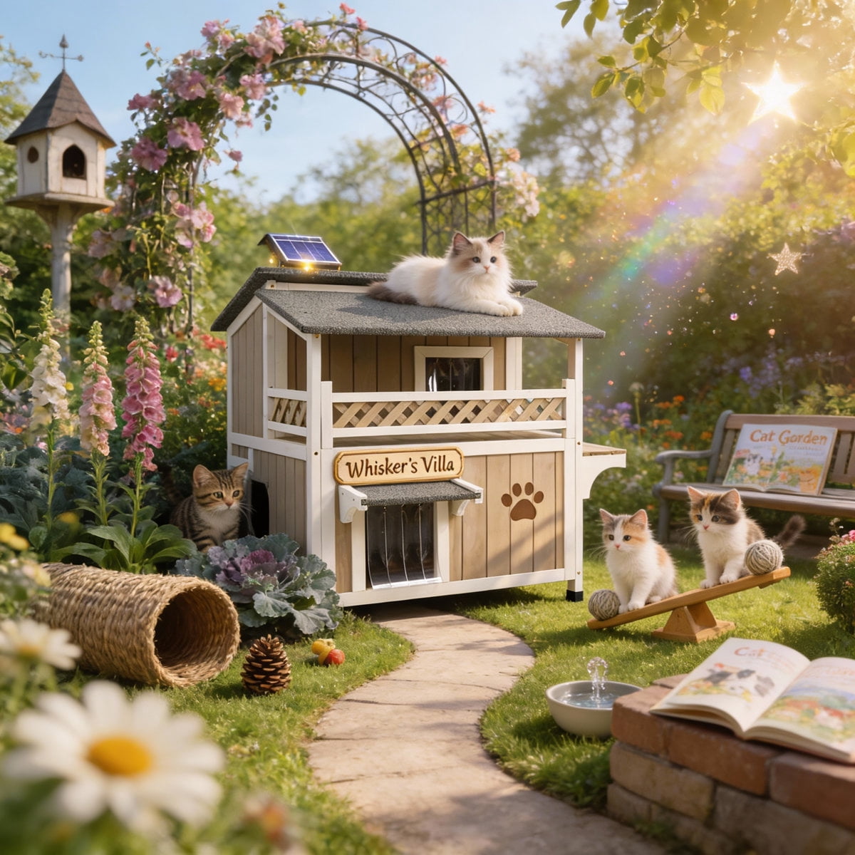 PETSCOSSET 2-Story Outdoor Cat House with Split-Level Openable Asphalt Roof, Fir Wood Cat Condo with Balcony & Escape Door, Weatherproof Shelter with Removable Floors for Easy Cleaning