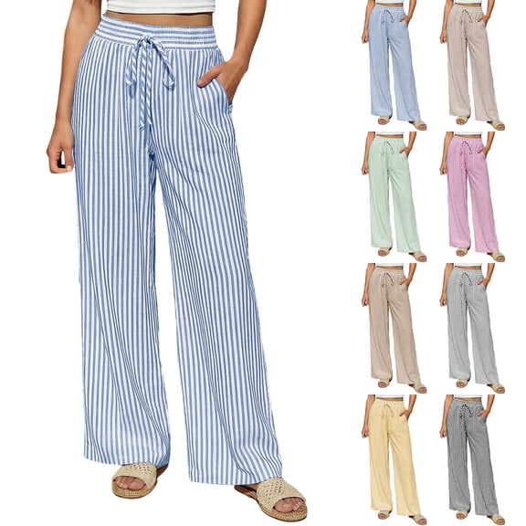 Royisotas Pants for Women Wide Leg with Pocket Pant Casual Palazzo Flowy Pants Drawstring Loose