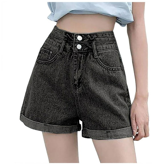 Bmisegm Women's Casual Fashion Baggy High Waisted Jeans Shorts Y2K Jeans for Women Grey L