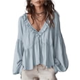 thumbnail image 2 of JoveMarine Women's Loose Fit Long Sleeve Blouse with Ruffle Trim and Puff Sleeves Deep V-Neck Sexy Top Sweet Casual Shirt for Spring/Summer Light Blue L, 2 of 6