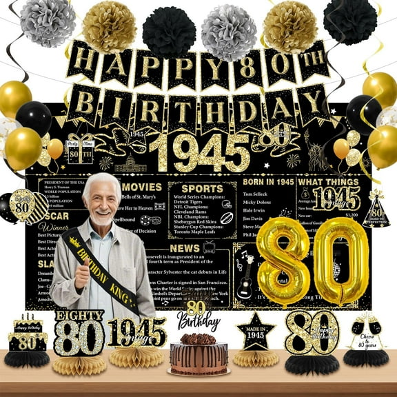 80th Birthday Decorations for Men, Black Gold Back In 1945 Birthday Banner Decorations, Vintage 80th Birthday Table Decorations, Cake Topper, Balloons, Backdrop, Sash Party Supplies for Men