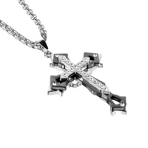 Stainless Steel Box Chains Necklaces with Alloy Rhinestone Pendants Cross Black 23.62 inch(60cm)