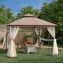 Outsunny 10' x 10' Outdoor Patio Gazebo Canopy with 2-Tier Polyester Roof, Netting, Curtain Sidewalls, and Steel Frame, Brown