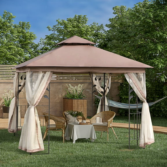 Outsunny 10' x 10' Outdoor Patio Gazebo Canopy with 2-Tier Polyester Roof, Netting, Curtain Sidewalls, and Steel Frame, Brown