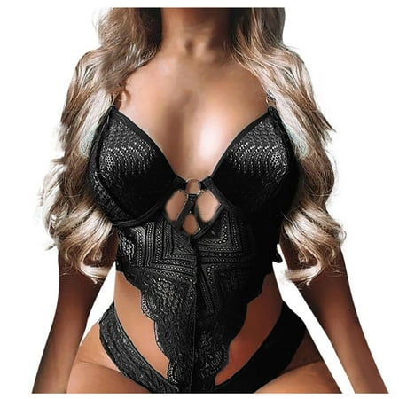 

Qcmgmg Women s Sexy Hollow Out Lace Teddy Lingerie Sleepwear Bodysuit Strap Mesh Babydoll L