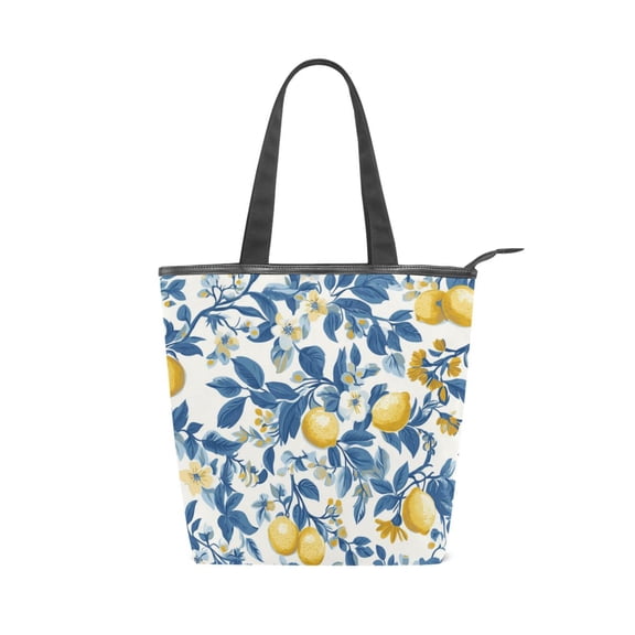 Zipper canvas bag, large capacity large size practical handbag, durable Canvas with leather material, DIY personalized pattern customization. Yellow Lemons