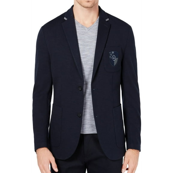 Ryan Seacrest Mens Crest Patch Two Button Blazer Jacket, Blue, Large