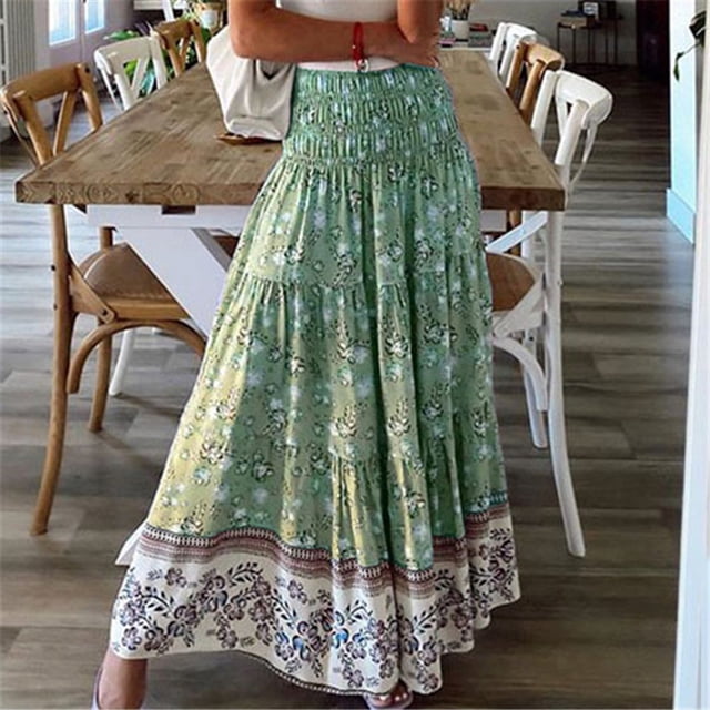 Robe Femme Liquidation Tendances Confortable Quotidien Taille Haute Imprimé Rétro Longue Jupe Verte S
