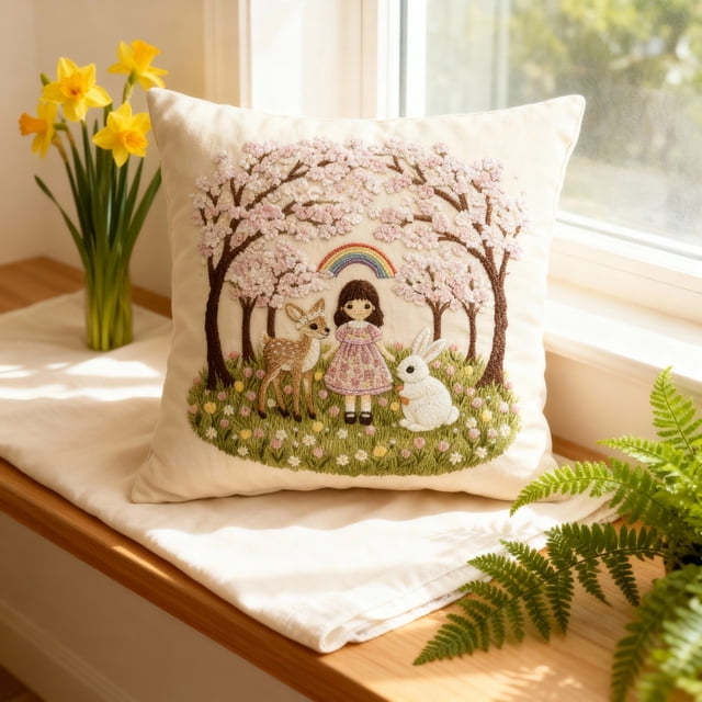 Bunny Easter Pillow Covers 18x18,Rabbit Greenery Flower Easter Decorations Spring Outdoor Embroidered Farmhouse Pillows Decorative Throw Pillows Cases Indoor Decor Cushion Covers for Home Sofa