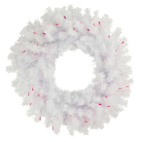 Northlight Pre-Lit Geneva Spruce Artificial Christmas Wreath - White - 24" - White - Pink Lights