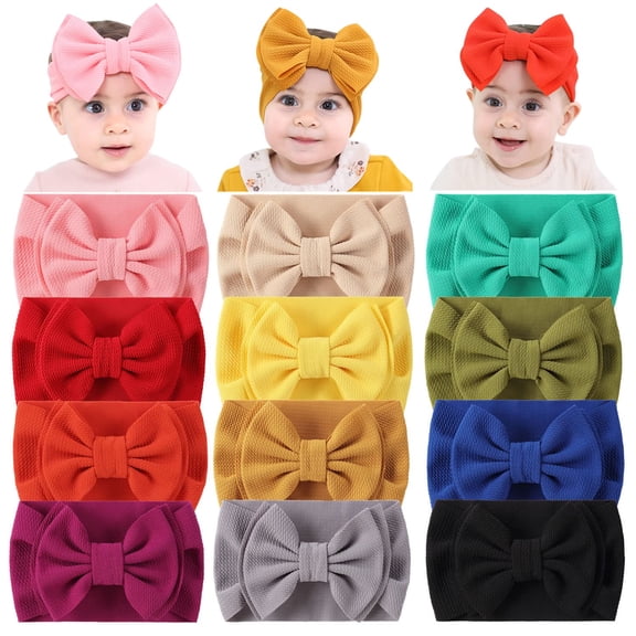 12 Pack Stretchy Elastic Wide Nylon Headbands with Solid Knot Big Hair Bow Headwraps Large Oversized Hair Bows Accessories for Baby Girls Infants Toddlers Kids