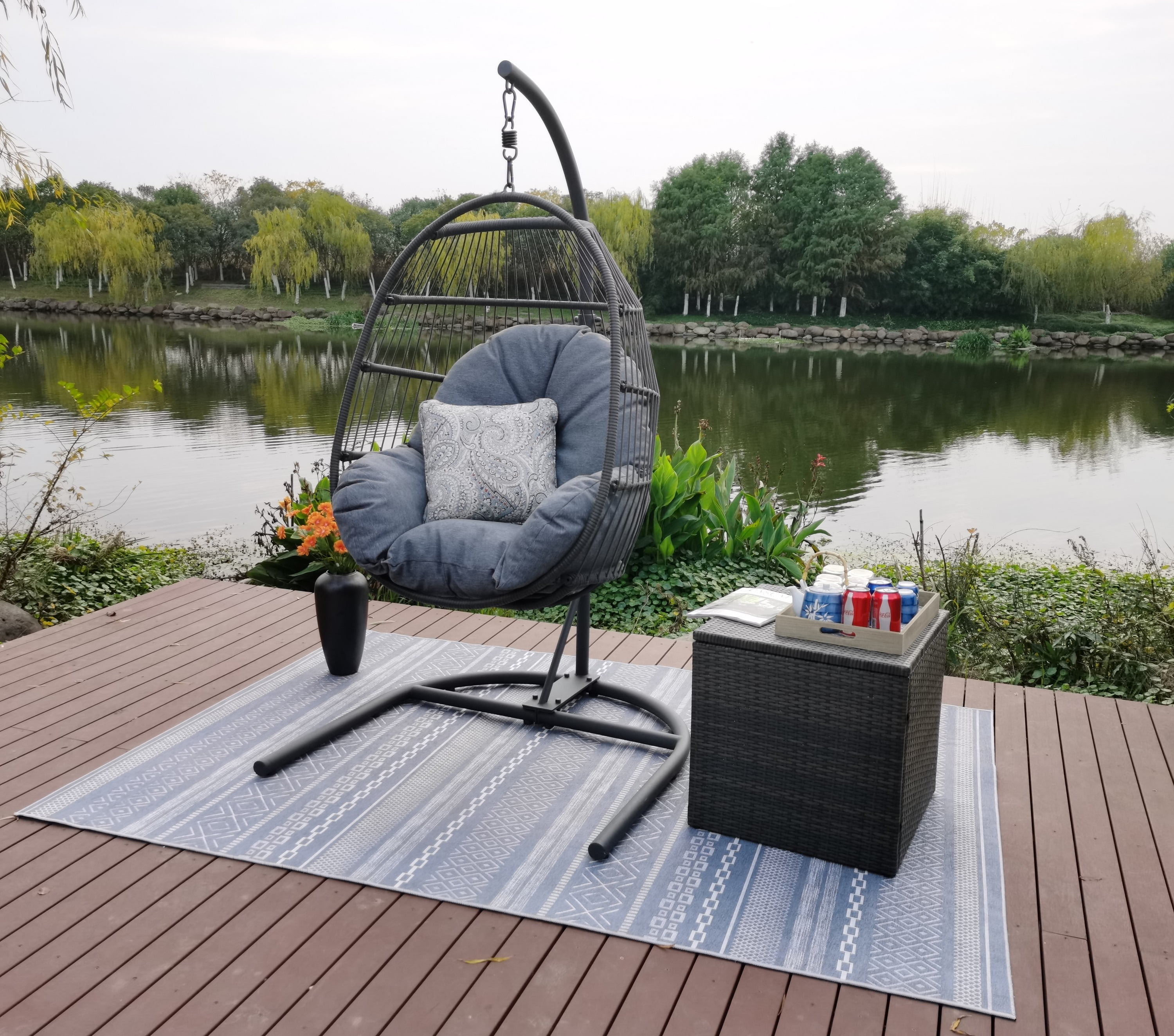 Outdoor Patio Hanging Egg Chair with Olefin Cushion and Metal Stand Gray