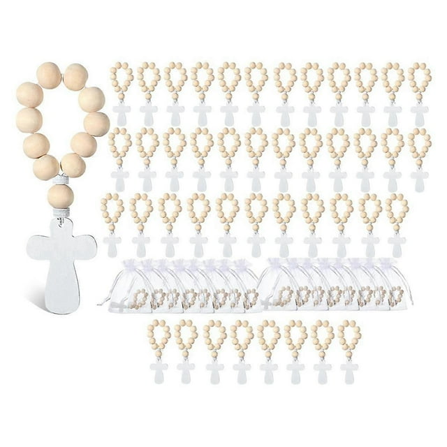 60 Pcs Wooden Rosary with Mesh Bags Wood Rosary Beads for Baptism First Communion Confirmation Bridal Shower Baby Shower
