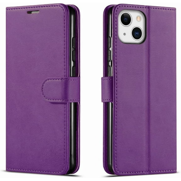 Starshop Wallet Case iPhone 14, With Tempered Glass Protector, PU Leather Wallet Shockproof Phone Cover Purple