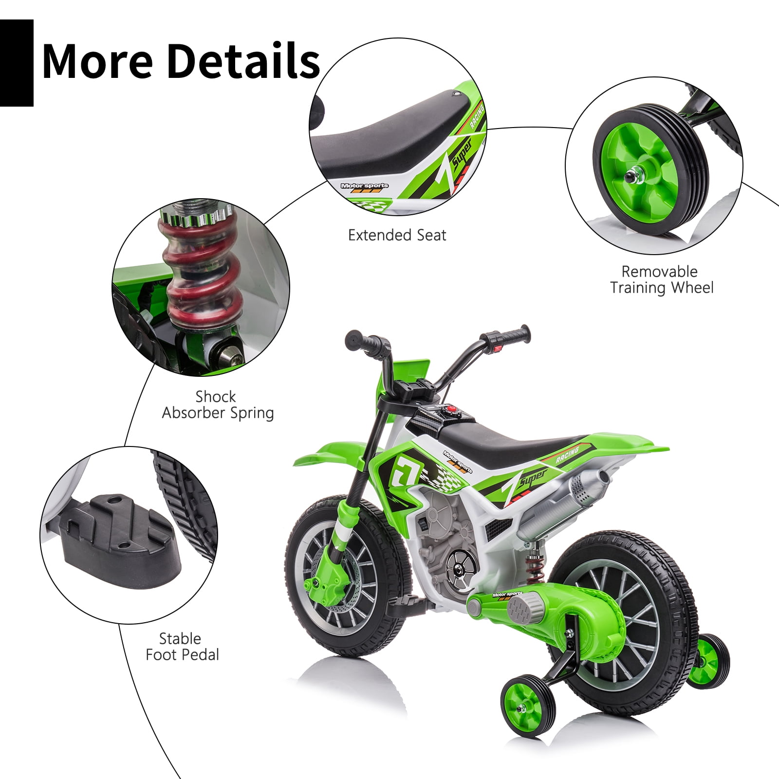 LUIBAS 12V Kids Ride On Electric Motorcycle, Battery Powered Electric Dirt Bike, Off-Road Street Bike Ride on Car with Training Wheels, Spring Suspension, High/Low Speeds, Built-in Music, Green