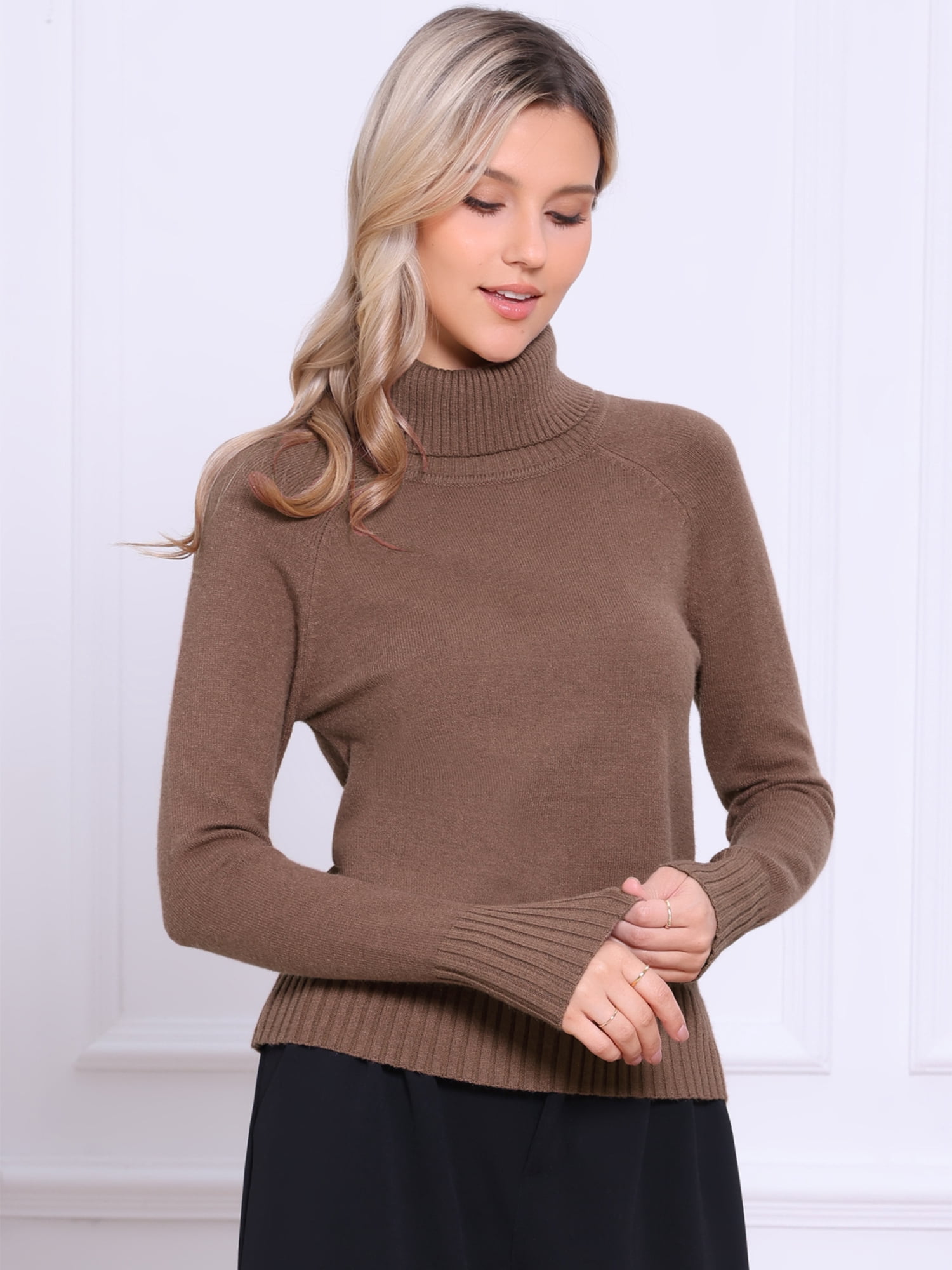 DARING DIVA Women's Turtleneck Sweater Spring Long Sleeve Ribbed Knit S Brown