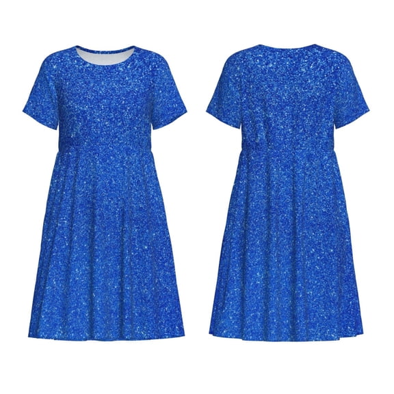 Horeoi Blue Glitter Print Women's Short Sleeve Dress Breathable Polyester-Spandex All-Over Print A-Line Side Pockets Elastic Waist