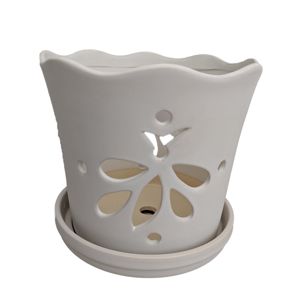 Matte White Butterfly Ceramic Orchid Pot with Attached Saucer 5" x 5
