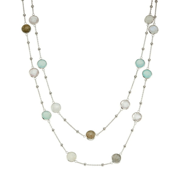 5th & Main Sterling Silver Bezel Necklace Round Gemstone Stations (Labradorite, Rose Quartz, Aqua Chalcedony, Moonstone)