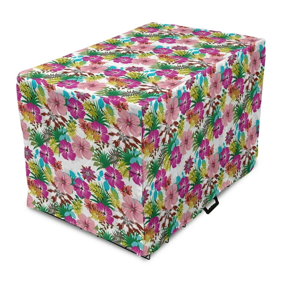Floral Dog Crate Cover, Continuous Exotic Nature Pattern with Tropical Flowers Bushes and Leaves, Easy to Use Pet Kennel Cover Small Dogs Puppies Kittens, 7 Sizes, Multicolor, by Ambesonne