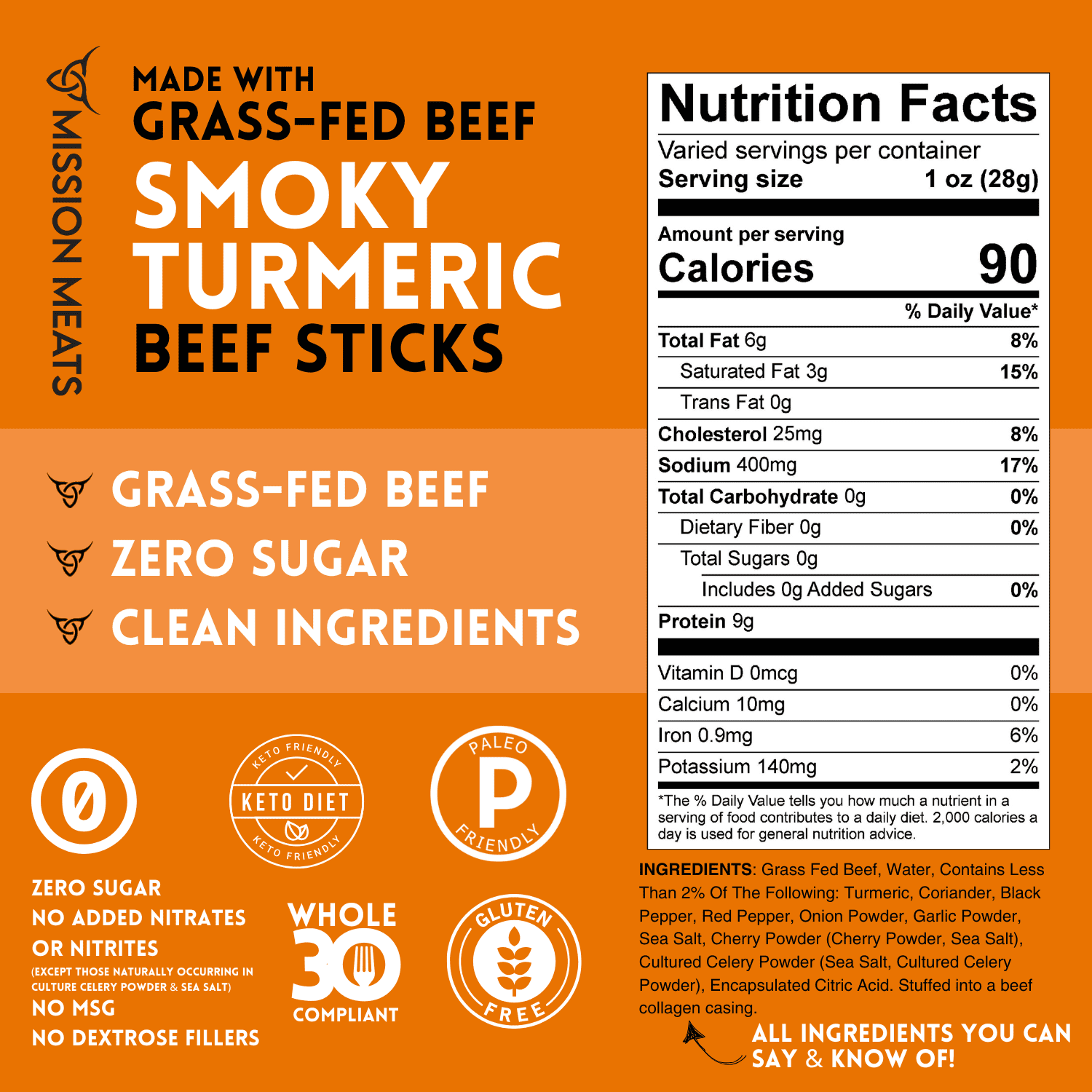 Mission Meats Beef Sticks – 100% Grass Fed & Pasture Raised, Sugar Free, Individually Wrapped Healthy Snacks, Whole 30 & Paleo Friendly, Smoky Turmeric 1oz (Pack of 12)