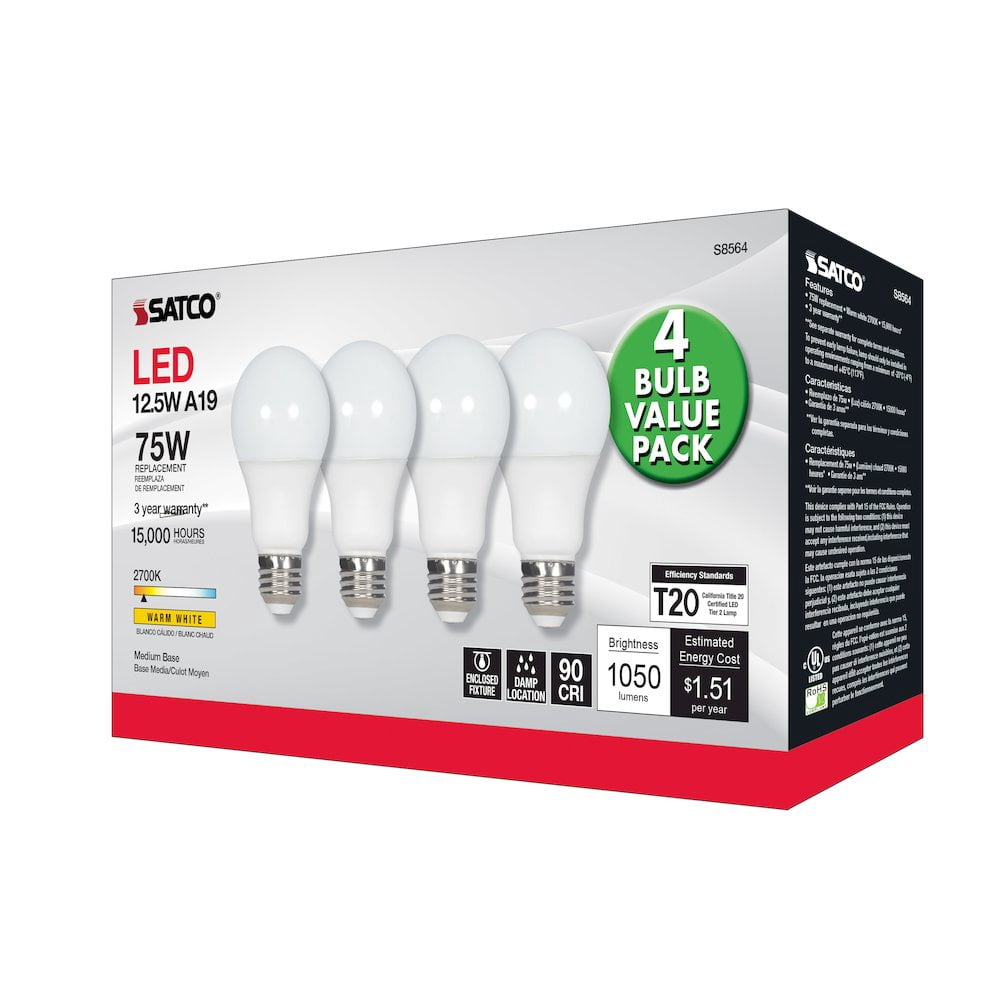Satco 4Pk. 12.5w A19 LED 2700K Medium base 120 volts