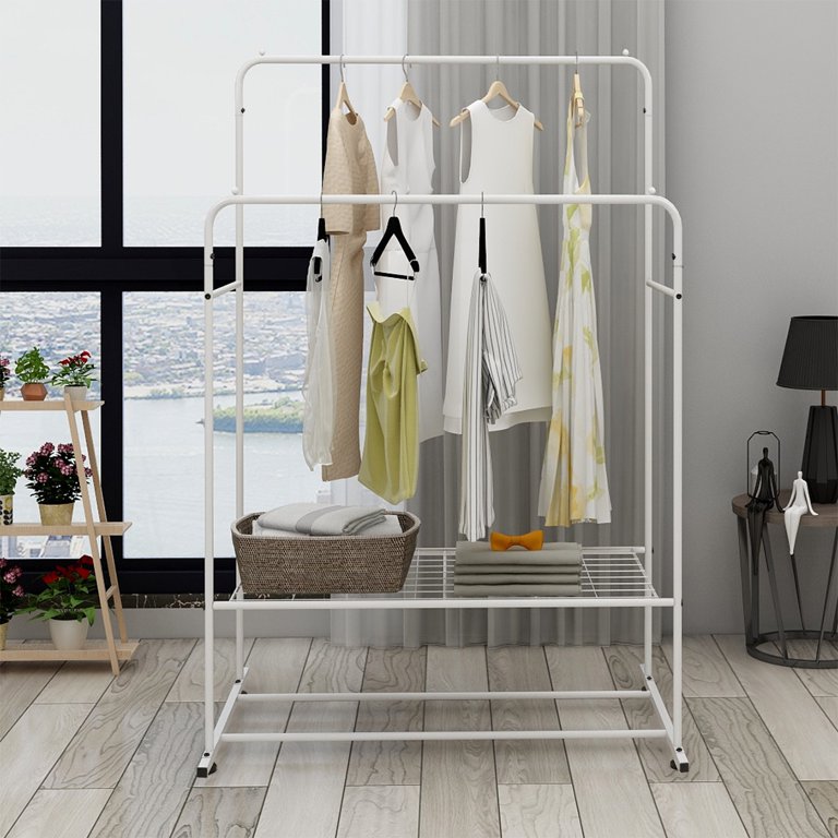 Single Pole Clothes Rack for Bedroom Freestanding Garment Rack with 7 Side  Hooks 1 Tier Lower Storage Shelf, 4 Wheels (Color : White)