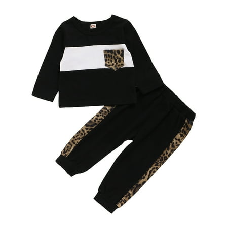 

18 Months Baby Boys Clothes 24 Months Boys 2PCS Fall Winter Outfits Leopard Pocket Toddler Boys Long Sleeve Top Pants Set Black