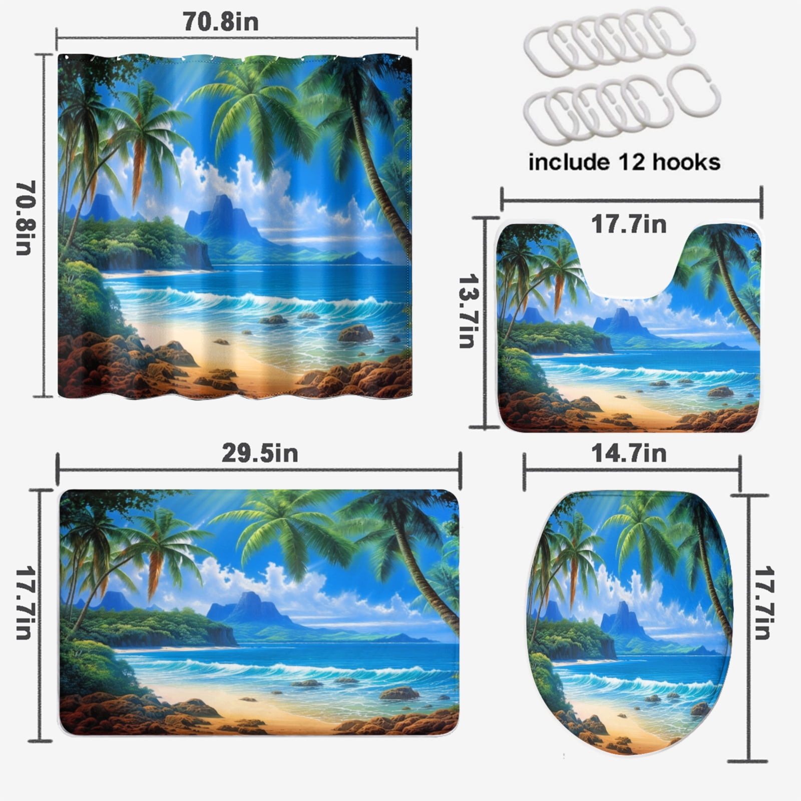 Ocean Beach Shower Curtain Set with Rugs for Bathroom Decor Sea Island Tropical Palm Leaf Seaside Landscape Bath Curtain for Bathroom Waterproof Fabric Bathroom Decor Set, 72x72 Inch