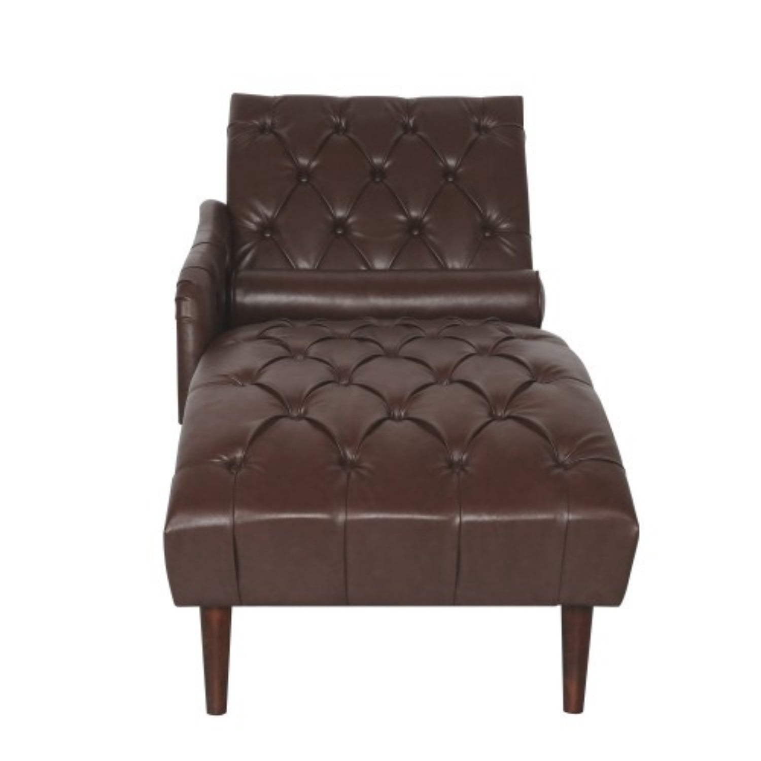 Chaise Lounge Chair with Pillow, Upholstered PU Leather Accent Chair with Tufted Back, Solid Wood Legs & Armrest, Indoor Reading Chaise for Living Room, Bedroom & Office, Dark Brown