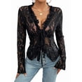 thumbnail image 2 of Lace Tops for Women Long Sleeve See Through Sheer Mesh Crop Top Shirt Open Front Tie Blouse Ruffle Black M, 2 of 8