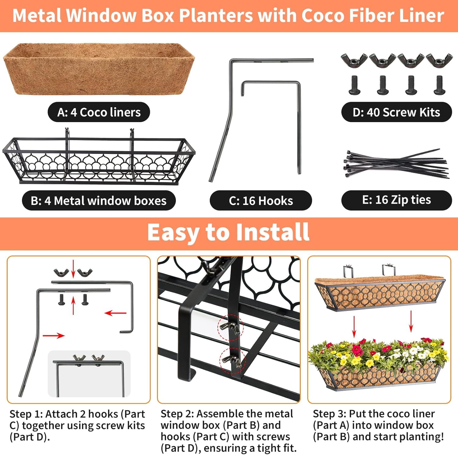 4 Pack 24 Inch Window Boxes Planters with Coco Liner, Metal Deck Railing Planter Boxes, Balcony Planters Railing Hanging, Horse Trough Window Flower Planter Boxes for Outdoor Porch Fence Patio