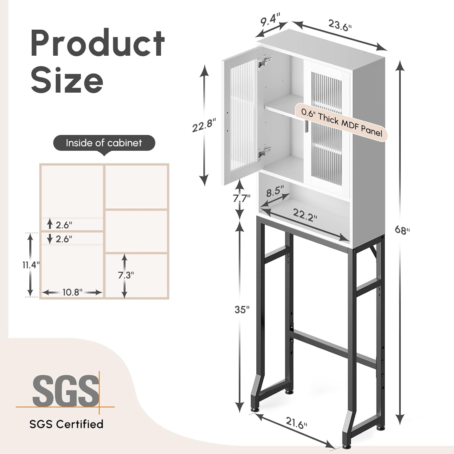 Fil-fresh Over The Toilet Storage Cabinet, Bathroom Organizer with Tempered Glass Doors, Thicken Metal Stand & MDF Wood, Freestanding Space Saver, White