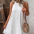 thumbnail image 4 of Xmarks Women's Halter Neck Sleeveless Mini Dress Solid Color Flowy Pleated Beach Dress Sundress White S-3XL, 4 of 8