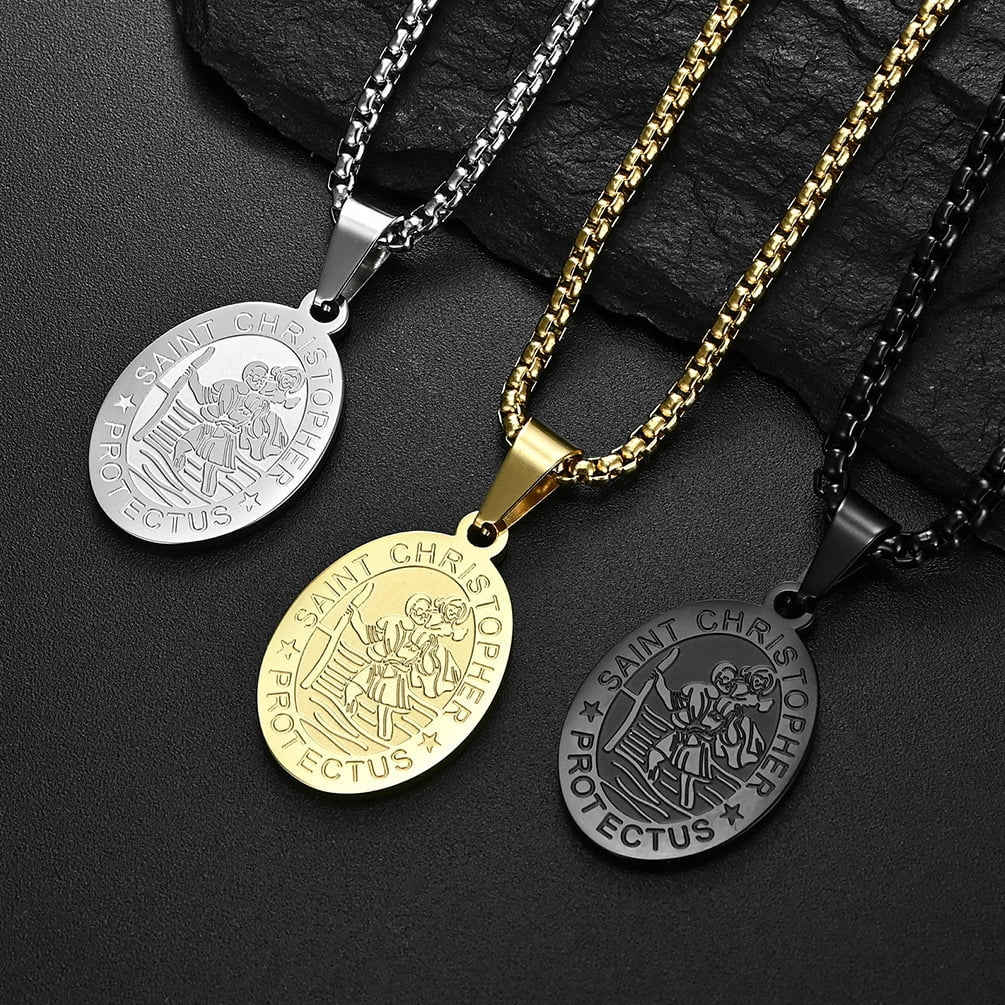 Raymard Saint St Christopher Pendant Necklace Titanium Steel Religious Christian Gift Archangel Amulet Exorcism Protection Oval Medal 24 Inch Rolo Chain
