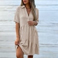 thumbnail image 5 of Guieoi Summer Dresses for Women Plus Size Casual Striped Cotton-Linen Collared Short-Sleeve Button-Down Midi Dress Brown S, 5 of 7