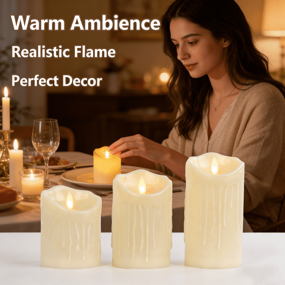 3-Pack Flameless Flickering LED Candles - Battery Operated, Realistic Warm Glow for Weddings, Holidays, Home & Outdoor Decor